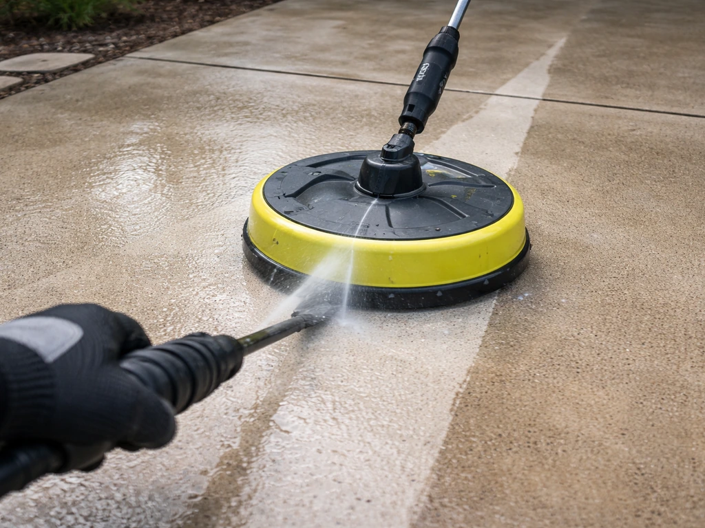 Ryobi patio surface cleaner attachment rotating on a concrete patio, spraying water and cleaning a strip.