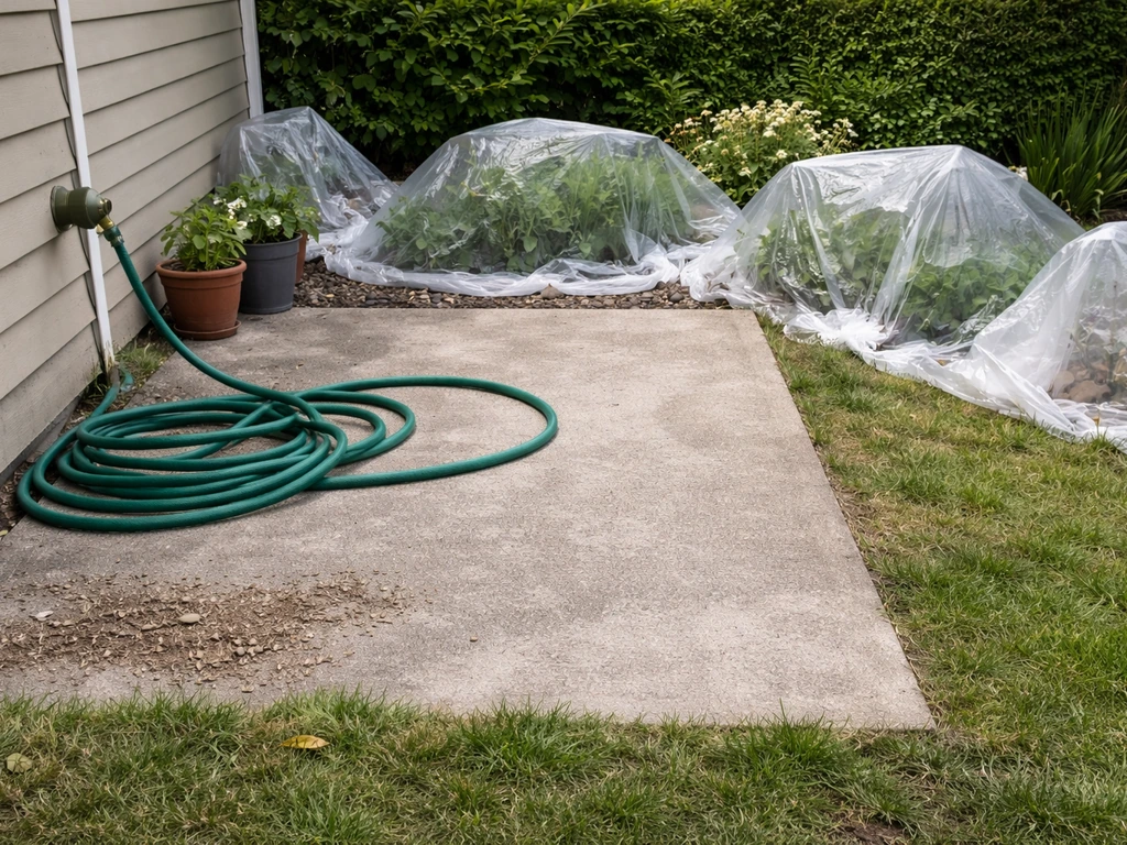 Clean patio prepped for outdoor cleaning, swept surface with plastic covers over nearby plants and grass