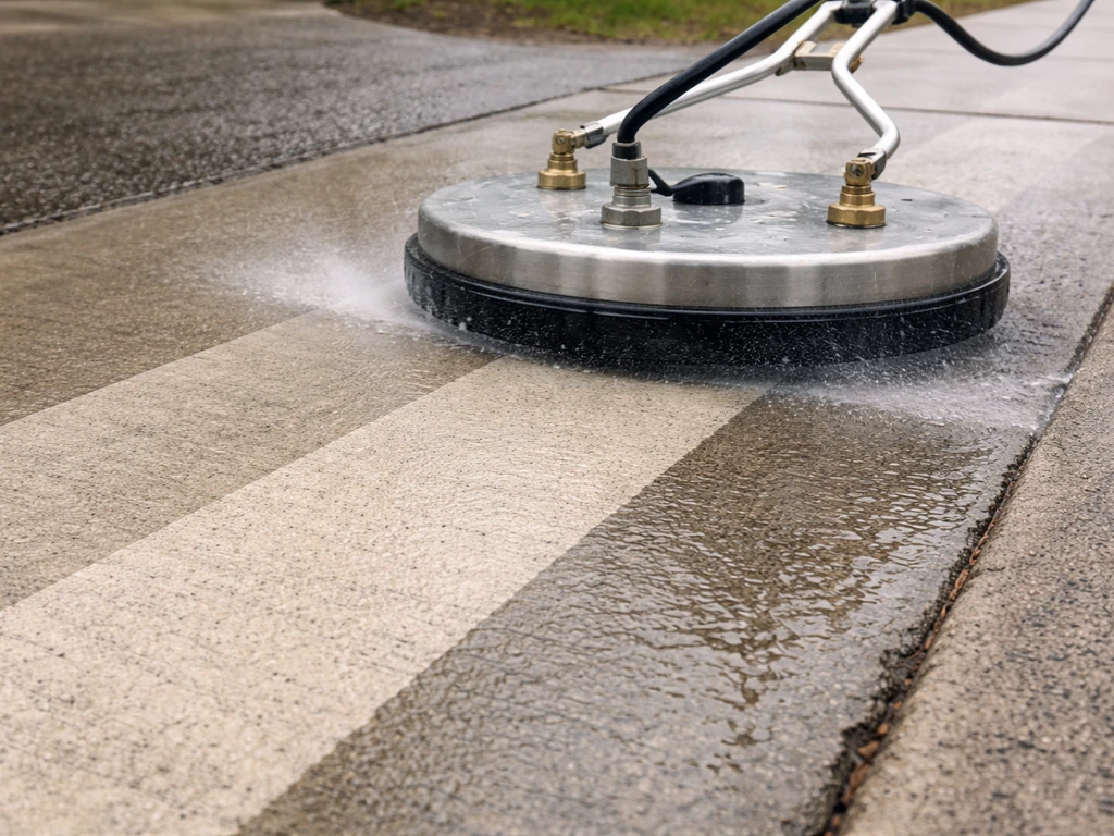 Close view of a surface cleaner head making overlapping straight passes from a walkway edge
