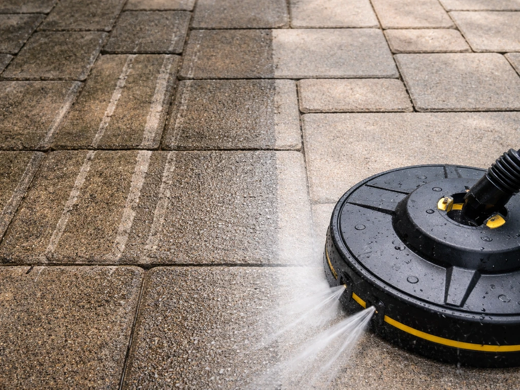 Patio power washer showing cleaned area beside streaks and missed lines, with rotating nozzle close-up.