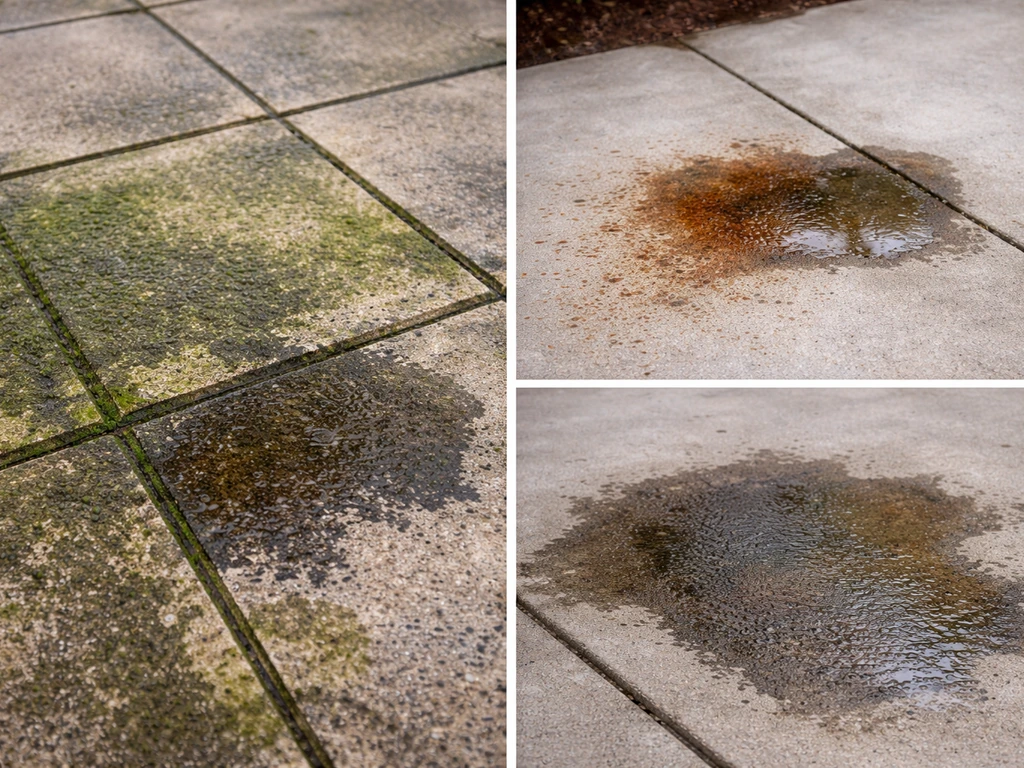 Outdoor patio concrete showing green algae, rust stains, and a greasy oil spot in a minimal split view.