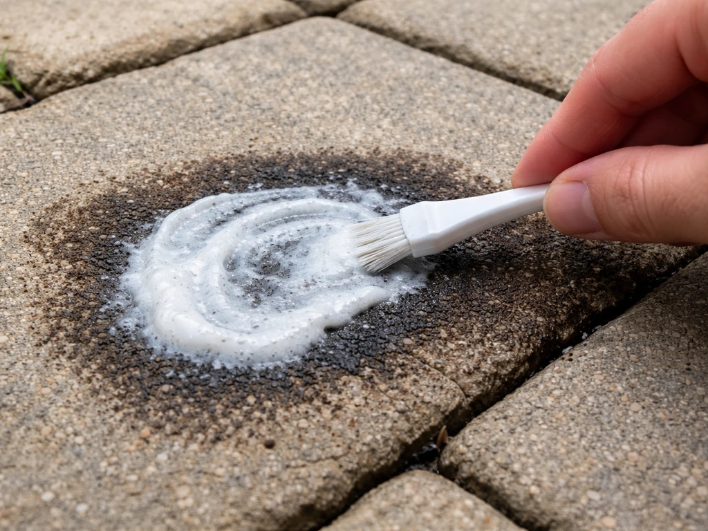 Baking soda and dish soap paste being spread onto a grease stain on outdoor pavers with a small brush.