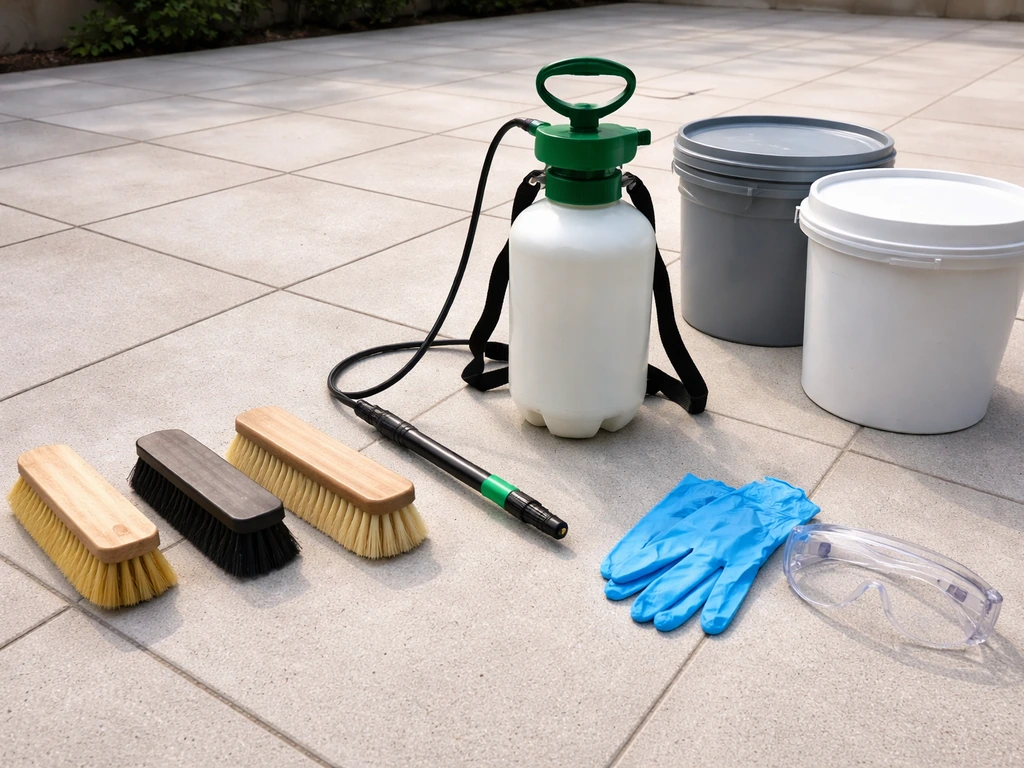Cleaning tools laid out on a patio: stiff and soft brushes, pump sprayer, buckets, and protective gloves.