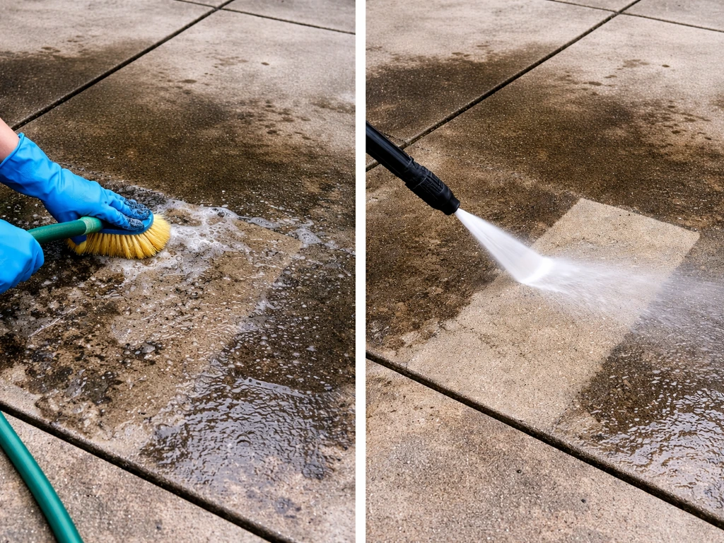 Side-by-side photo of stiff brush scrubbing versus pressure washer rinsing on a stained concrete patio.