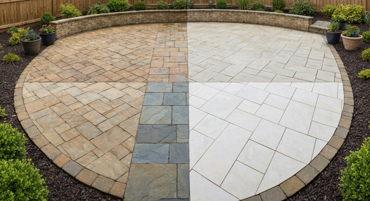 Wide-angle patio showing adjacent sections of brick, sandstone, slate, concrete and porcelain tile with before (stained) and after (clean) halves, daylight.