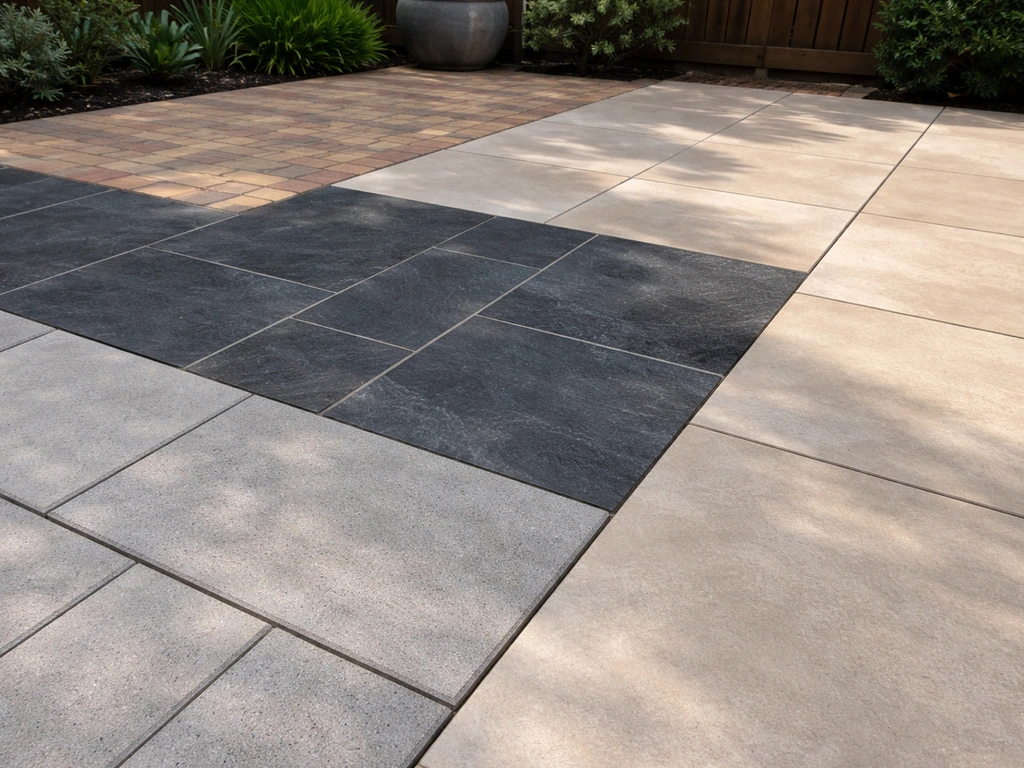 Minimal patio showing distinct areas of concrete pavers, slate, brick, and porcelain tiles for comparison.