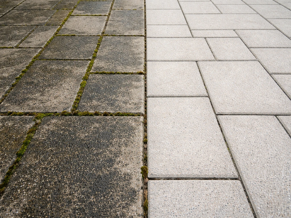 Patio pavers split view: algae/moss on one side, cleaned gray pavers on the other.