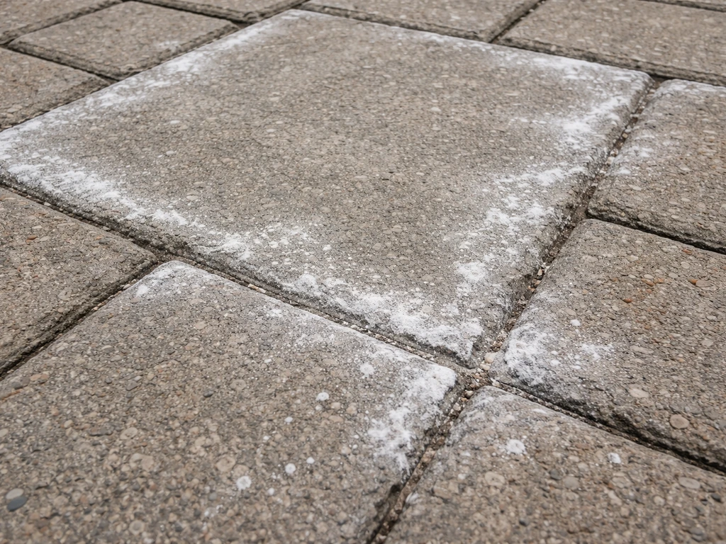 Chalky white efflorescence powder along concrete joints and edges in a grid-like pattern.