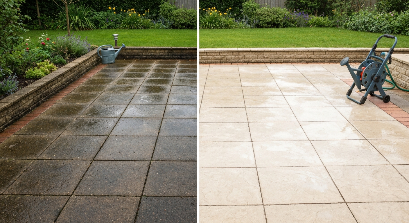 Split-view photo of a UK patio showing black spot on one side and cleaned paving on the other.