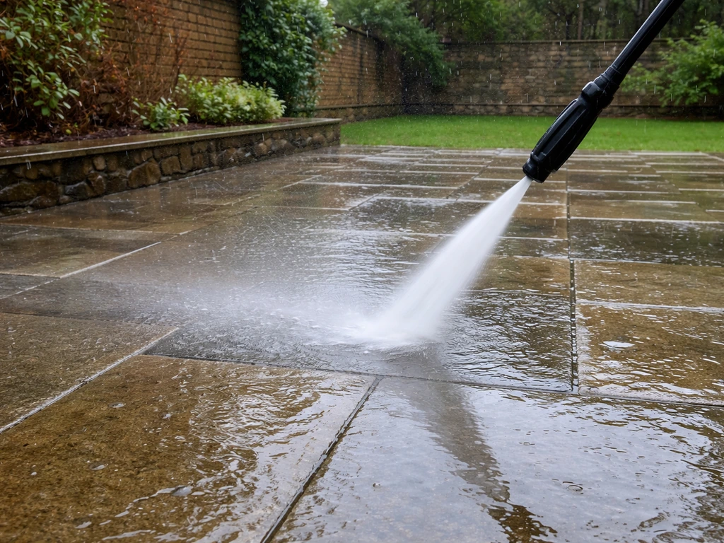 Rainy patio pressure-washing with wet surface visible, showing safe cleaning in wet conditions.