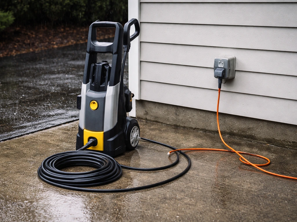 Corded pressure washer hose outdoors near a GFCI outlet in light rain, showing safer wet-weather setup.