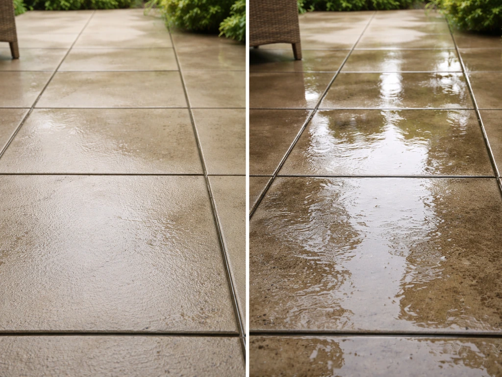 Split view of a light-rain-prepped patio vs a heavy waterlogged patio showing differing dirt visibility and drying.