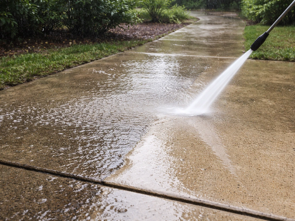 Concrete patio being pressure washed in wet weather, grime lifting and water streaming on the surface.