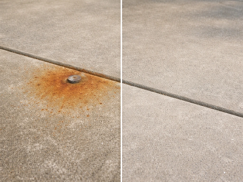 Concrete patio with a rust-stained section and a cleaner treated section side-by-side.