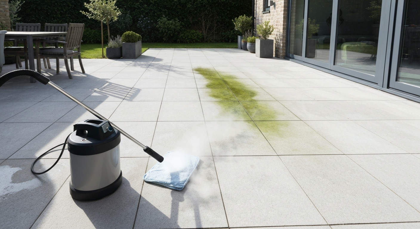 Portable steam cleaner steaming a porcelain patio, showing cleaned and uncleaned areas, no people.