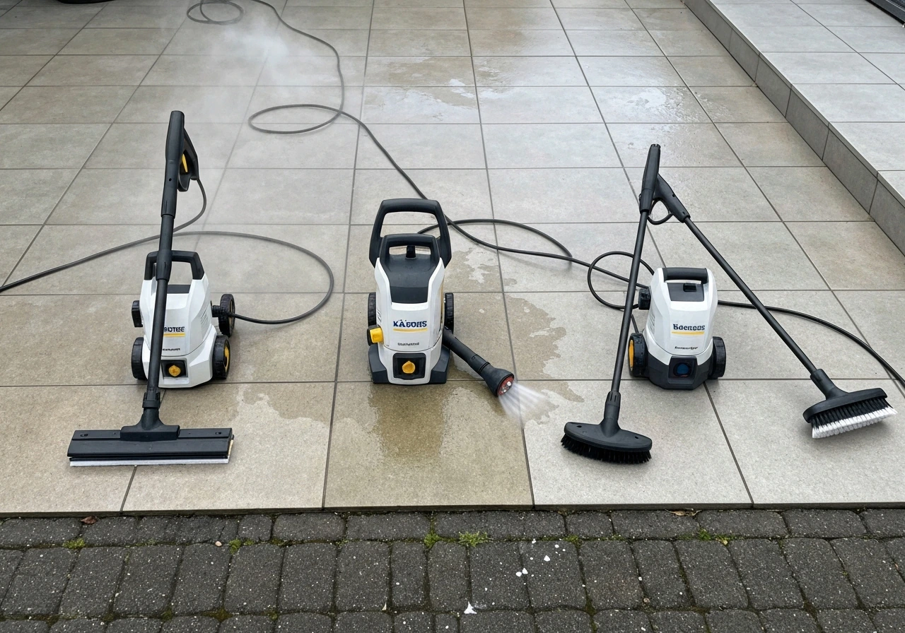 Side-by-side pressure washers with surface cleaner, nozzle, and brush attachments on patio pavers
