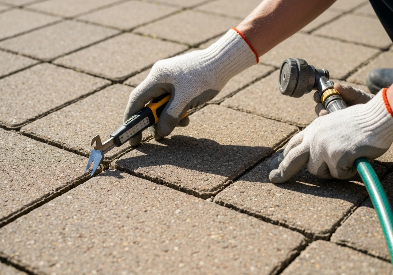 Close-up of gloved hands inspecting a stone patio surface with a handheld measuring tool.