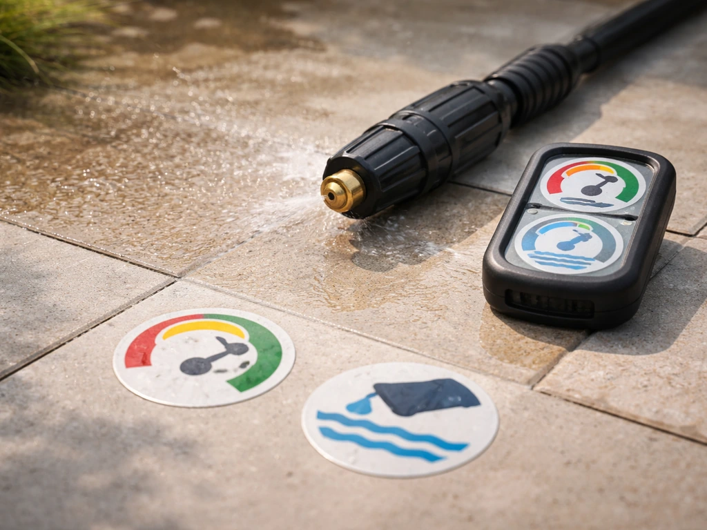 Minimal patio pressure-washing specs concept with icons and clear range markings, no text.
