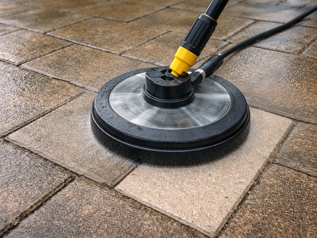 Surface cleaner attachment rotating over patio paving stones for even, controlled high-pressure cleaning.