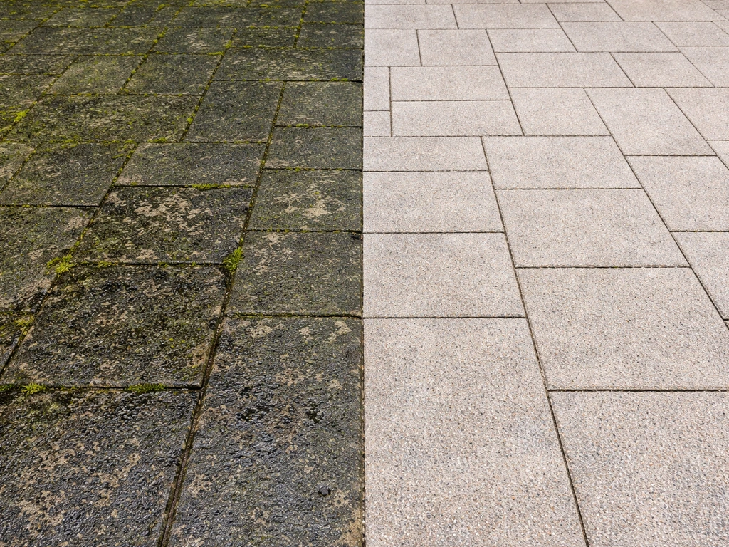 Split before/after of a driveway: moldy dark patio vs cleaned, lighter surface with clearer texture.