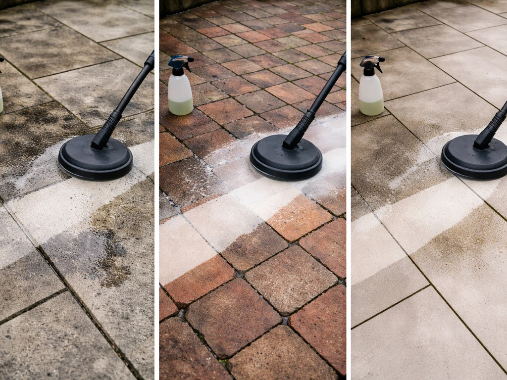 Minimal split-scene showing patio cleaner types on concrete, brick, and porcelain with visible stain removal