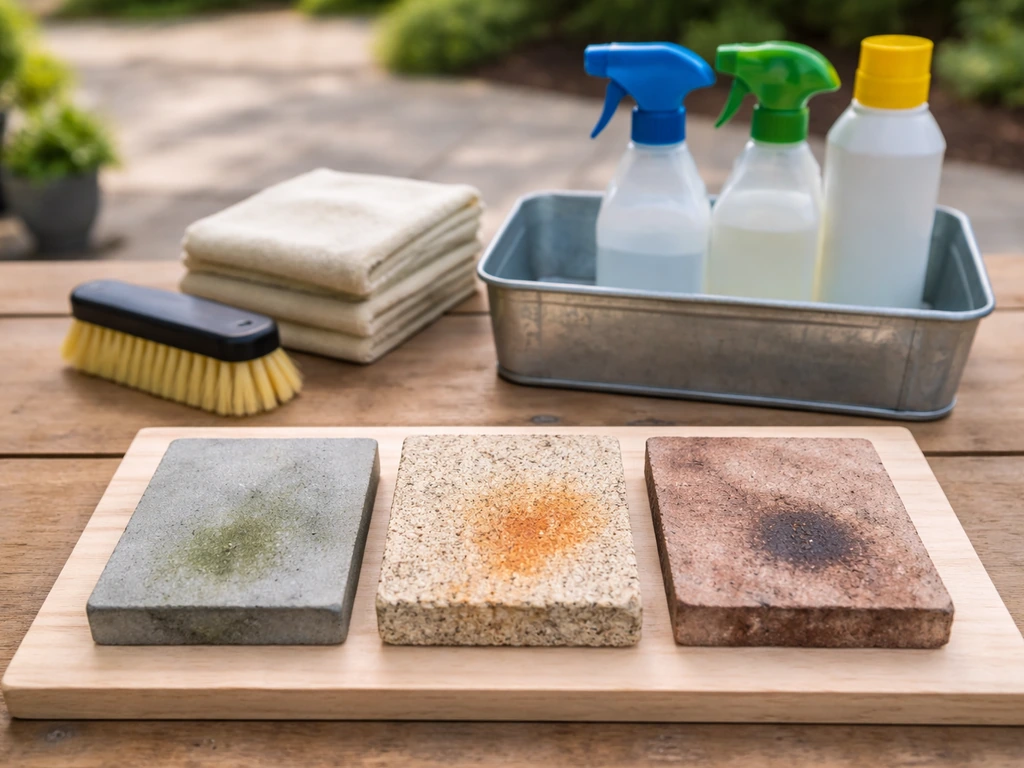 Patio cleaning tools and stone surface samples with faint mold, rust, and grease stains.