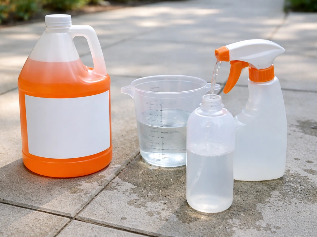 Outdoor concrete cleaner concentrate bottle with measuring cup and water for dilution on a patio.