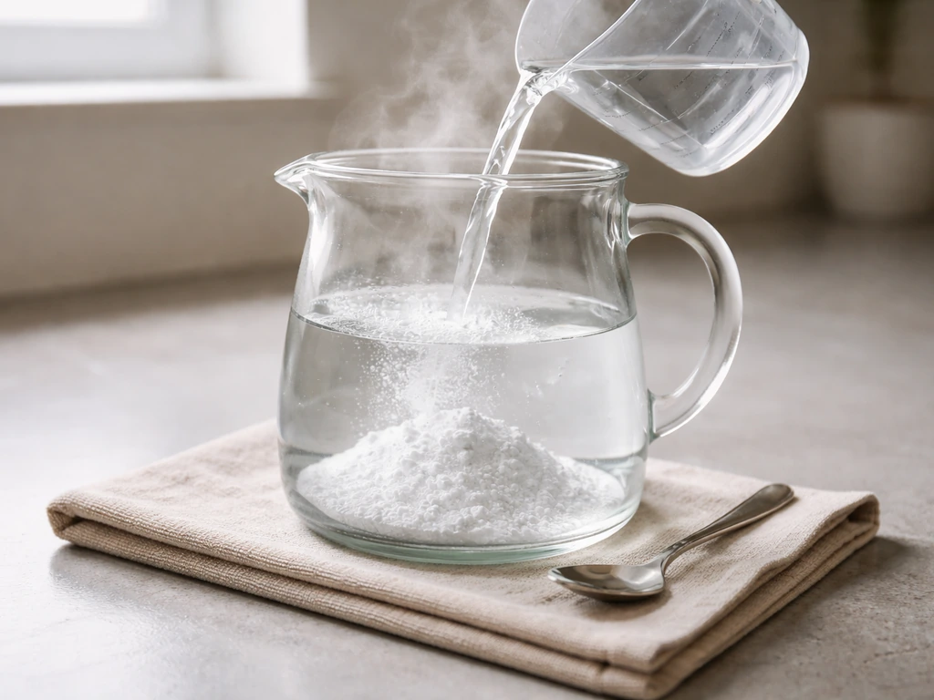 Hot water being poured into a jug with white sodium percarbonate powder for an eco-friendly cleaner