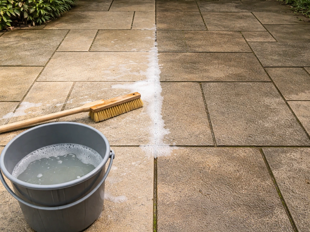Minimal before/after patio clean: washing-powder scrubbed section brighter, with brush and diluted bucket nearby.