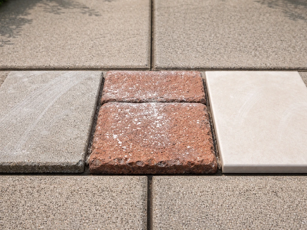 Close-up of washing-powder residue differences on concrete, brick, and porcelain patio surfaces