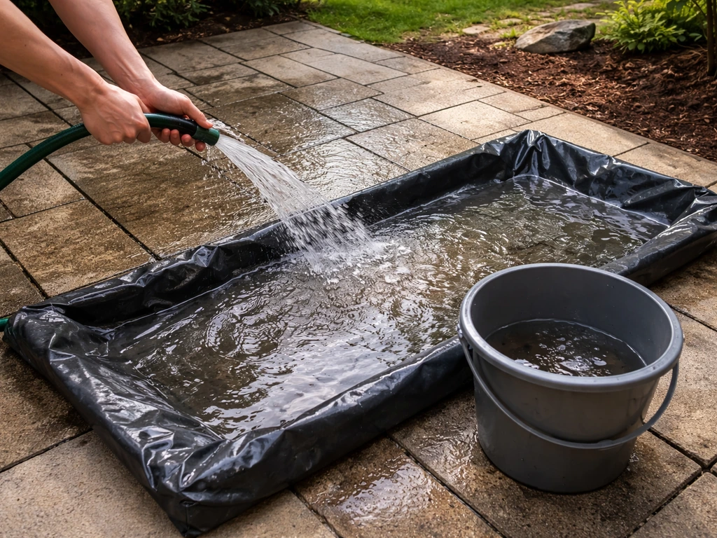 Patio being rinsed with washwater captured in a tarp and bucket to prevent storm-drain runoff.