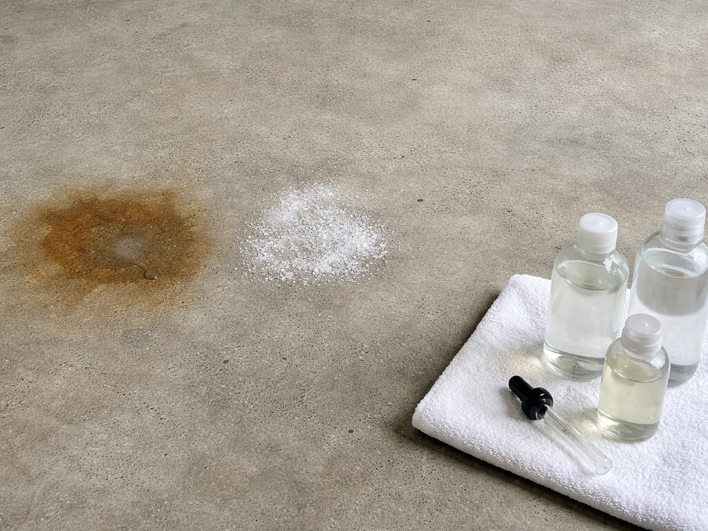 Clear bottles of oxalic acid and cleaner beside treated iron rust and a separate salt-efflorescence patch on concrete
