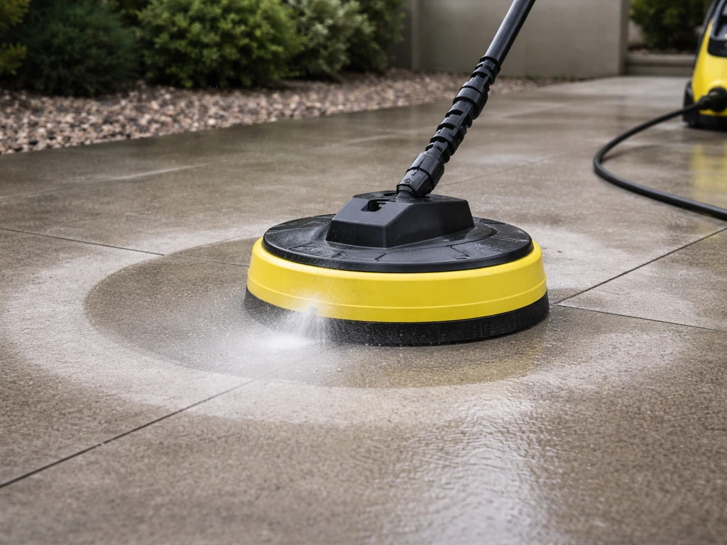 Kärcher patio cleaner attachment spraying a streak-free band on an outdoor patio.
