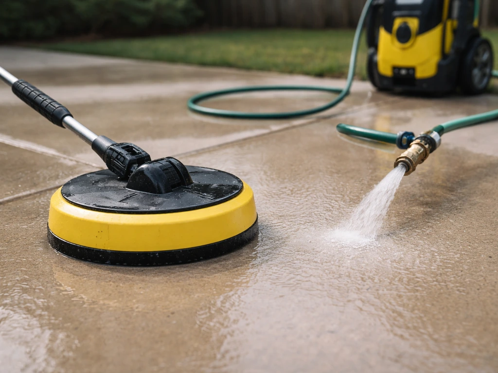 Patio pressure washer with patio cleaner head attached, garden hose connected, water turned fully on