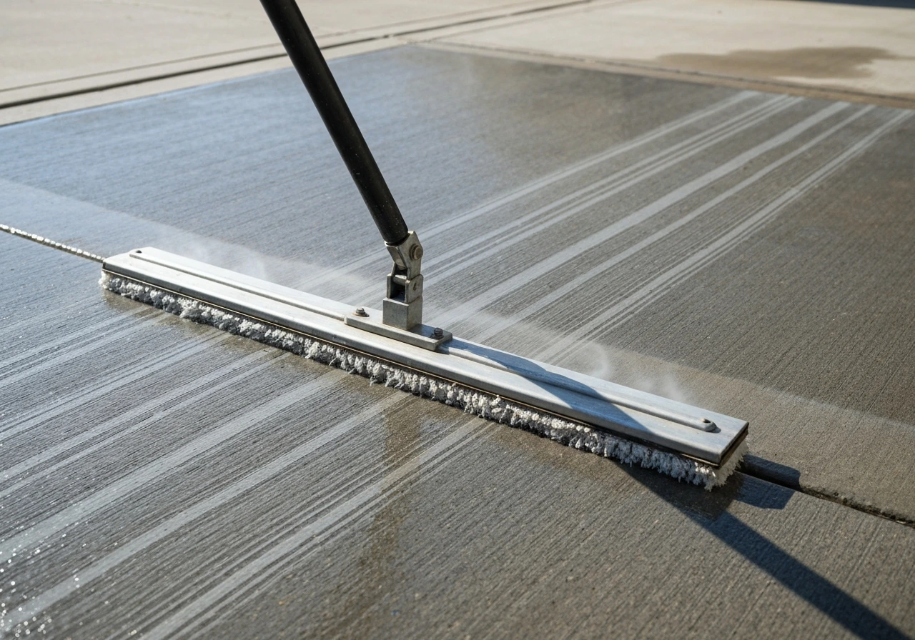 Pressure-washer cleaner head gliding over a gray concrete patio with uniform overlapping wet passes.