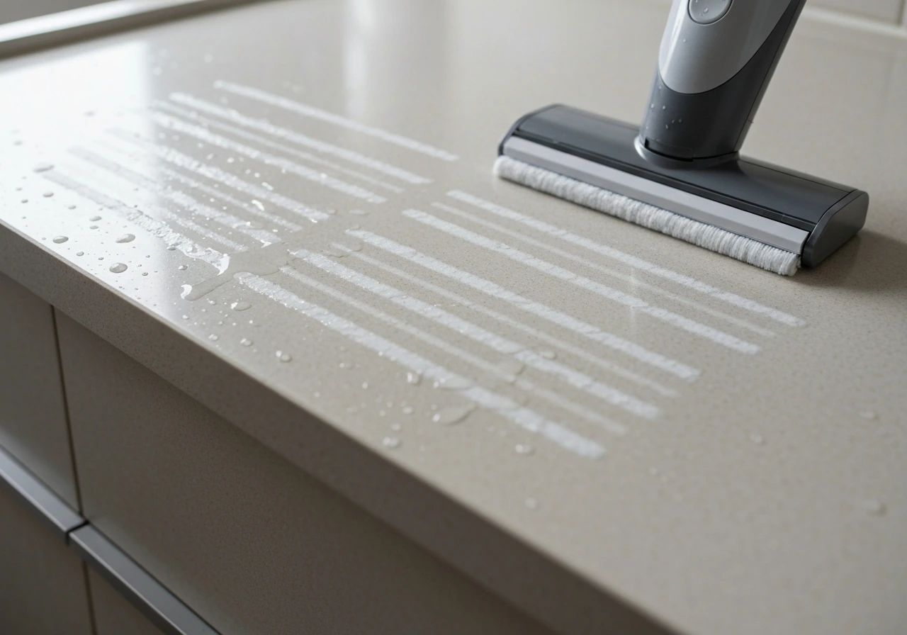 Close-up of uneven cleaning streaks and skipped bands left by a handheld cleaner on a countertop.