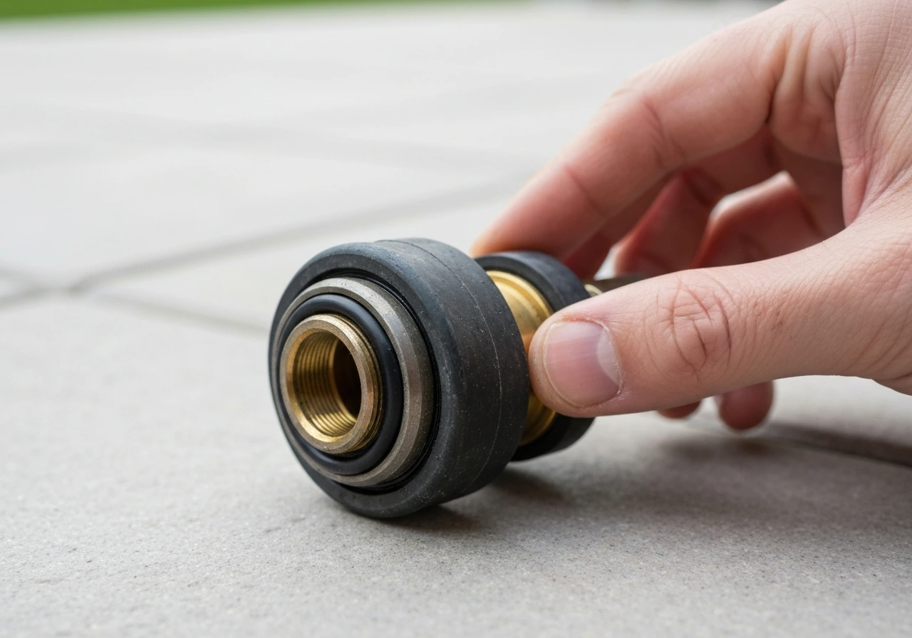 Close-up of a patio cleaner attachment collar with an O-ring being checked for wear