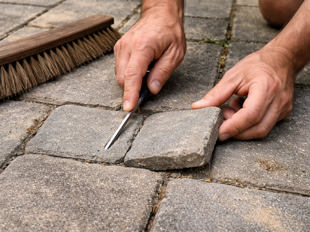 Anonymous hands use a small screwdriver to inspect cracked, sunken pavers and missing joint sand on a patio.
