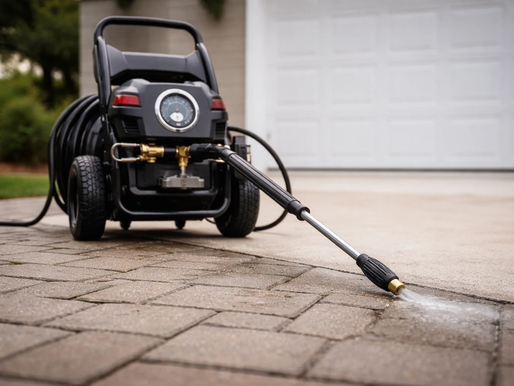 Pressure washer with PSI gauge visible and wand held ready for paver-safe cleaning settings.
