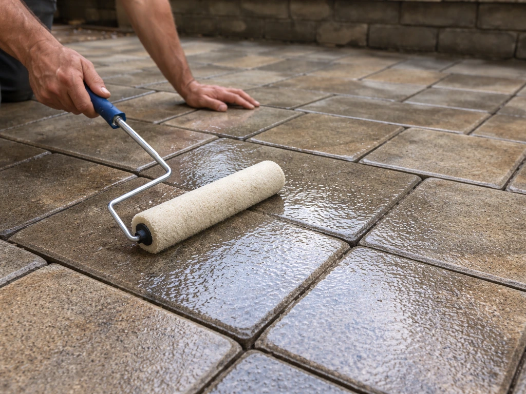 Worker applying paver sealer with a roller on freshly cleaned patio pavers, wet protective finish