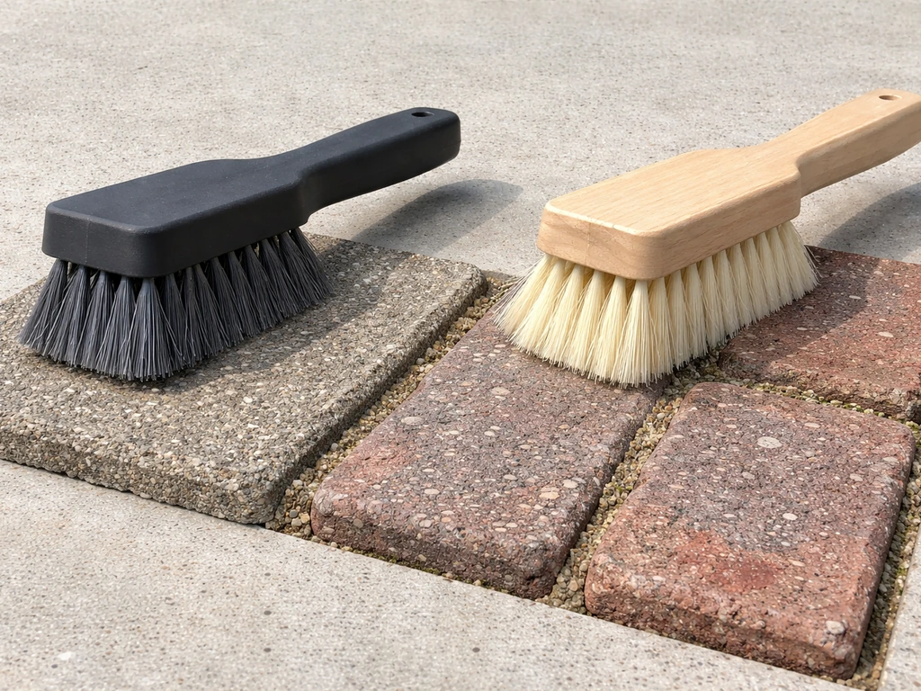 Two masonry brushes side by side, one with stiff crimped nylon bristles and one with softer bristles for patio joint cle