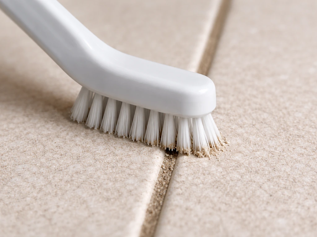 Toothbrush-style grout brush scrubbing narrow grout joints with bristles aligned to the gap.