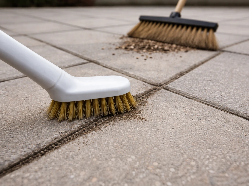 Close-up of scrubbing patio grout with a brush, with a broom sweeping debris in the background.