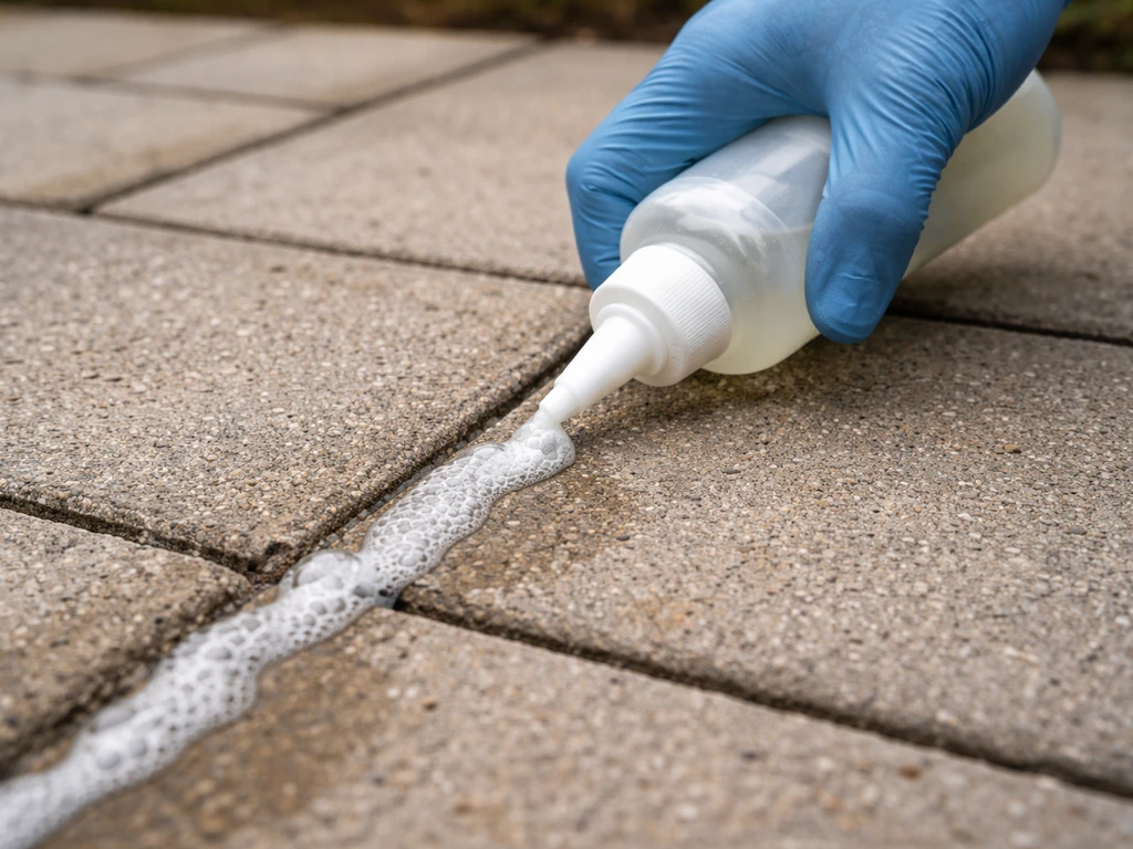 Hand applying pH-neutral patio cleaner foam along grout joints on outdoor pavers ready for scrubbing