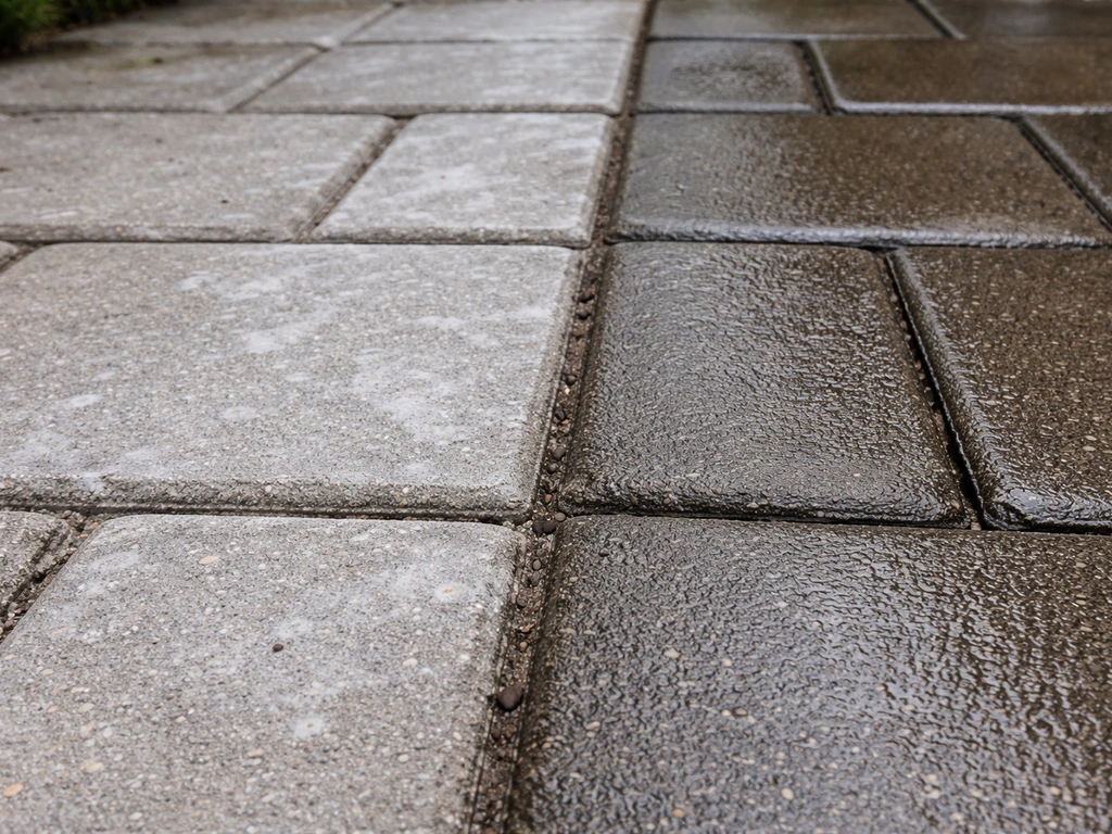 Patio pavers with white grout haze near joints beside a clear, freshly rinsed section