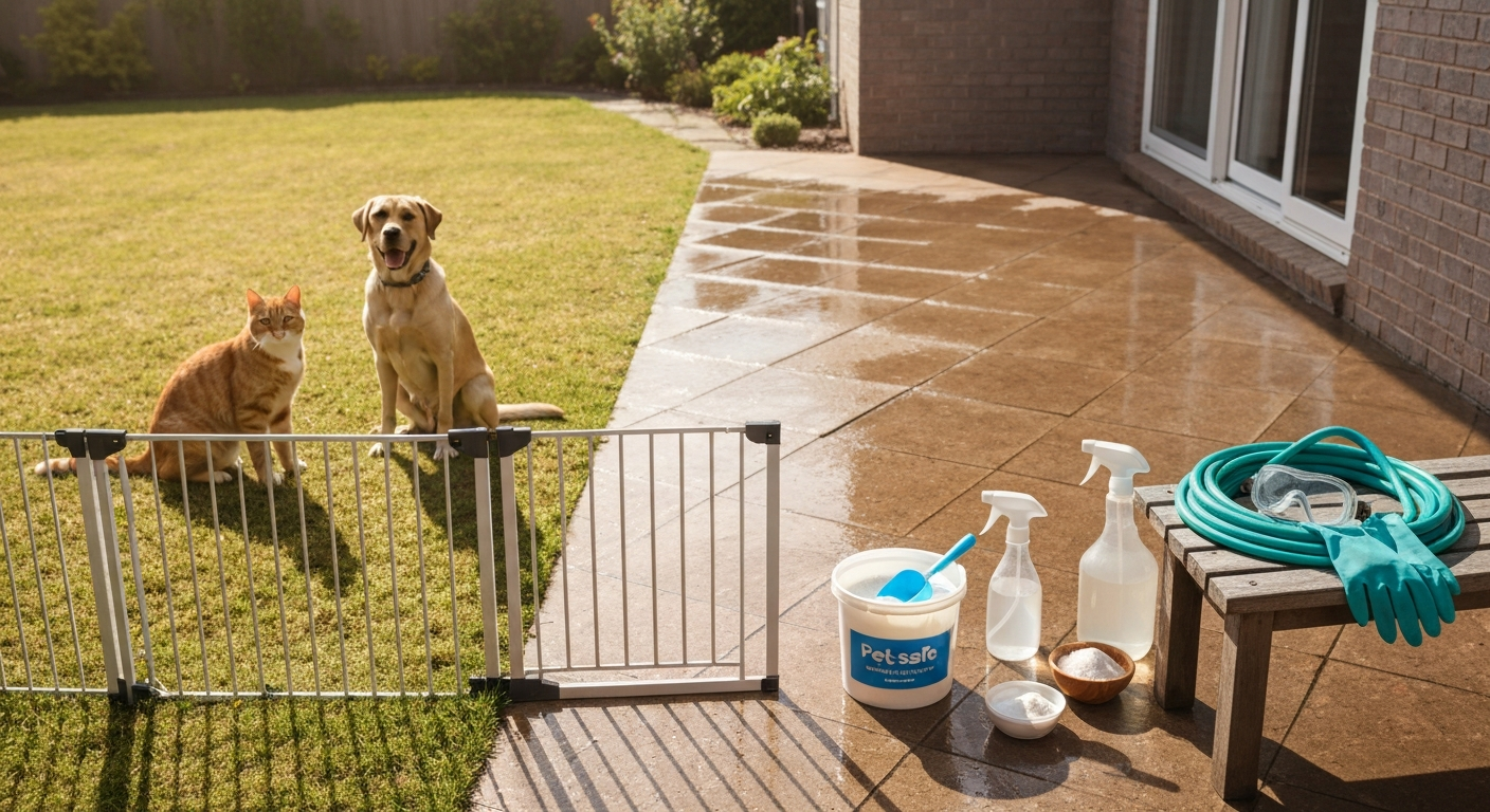 Sunlit backyard patio with a pet gate keeping a dog and cat off a rinsed patio; pet-safe cleaning supplies and PPE sit on a bench.