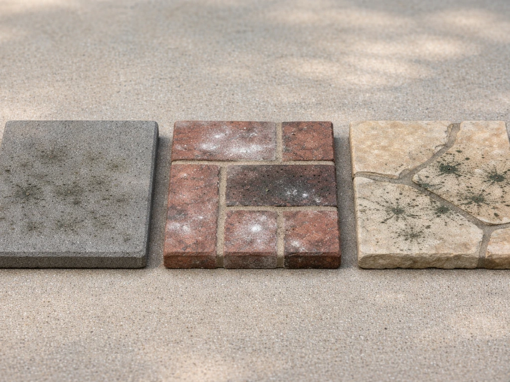 Three patio surface samples showing algae on concrete, efflorescence/soot on brick, mildew on stone.