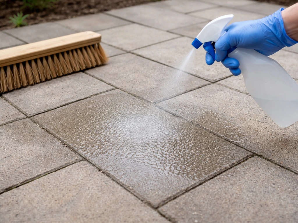 Gloved hand misting a wet sheen on patio pavers with a broom nearby, suggesting no-scrub leave-on cleaning.