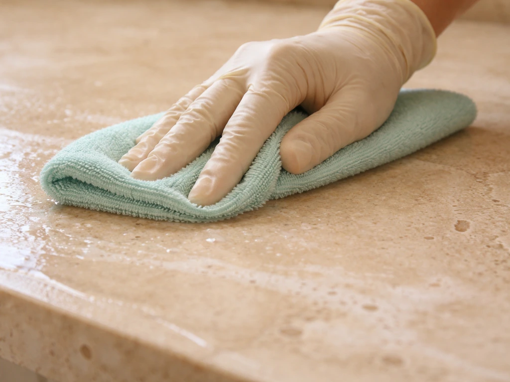 Hands applying pH-neutral cleaner to travertine with a soft cloth, minimal foam and gentle care