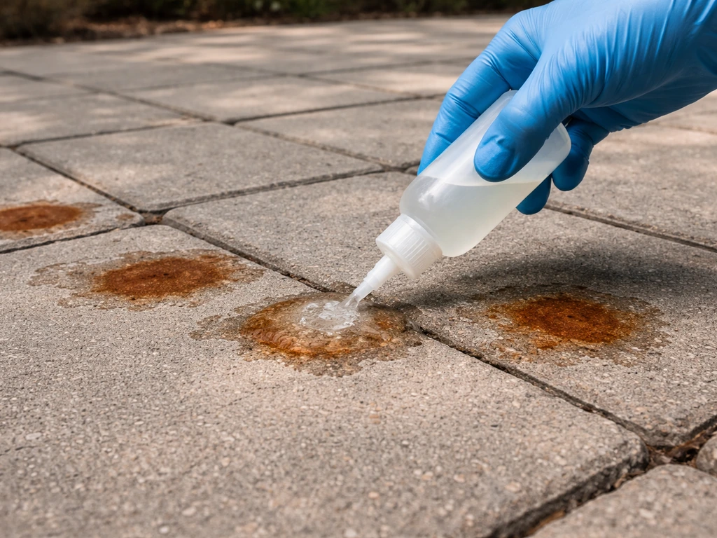 Oxalic-acid rust remover applied to rust blotches on patio pavers, wet-to-dry treatment area